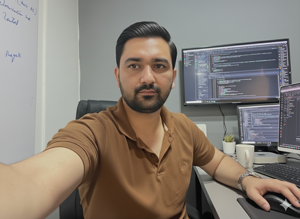 Saqib Ashraf in his development workspace with multiple monitors showing code